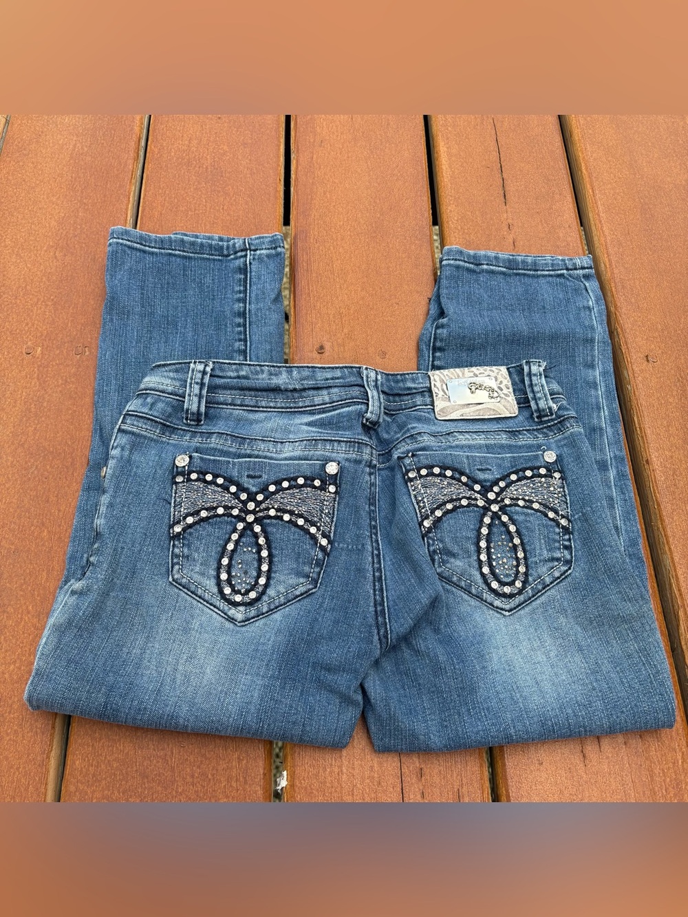 L.A. idol Blue Denim Capris with Rhinestone Pocket Detail Mcbling Y2K